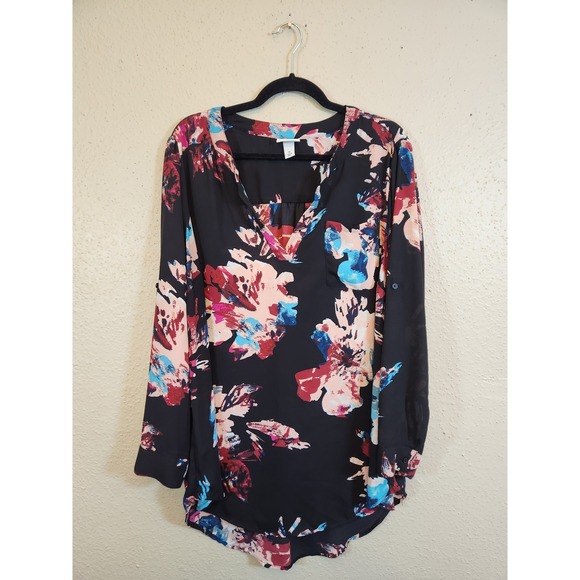 Ava & Viv Tops - Ava & Viv Womens 1X Black Multicolor Floral Blouse Roll Tab Sleeve V-Neck Top